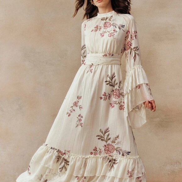 Apricot Elegant Women's Floral Ruffle Long Sleeve Dress - Picture 3 of 7